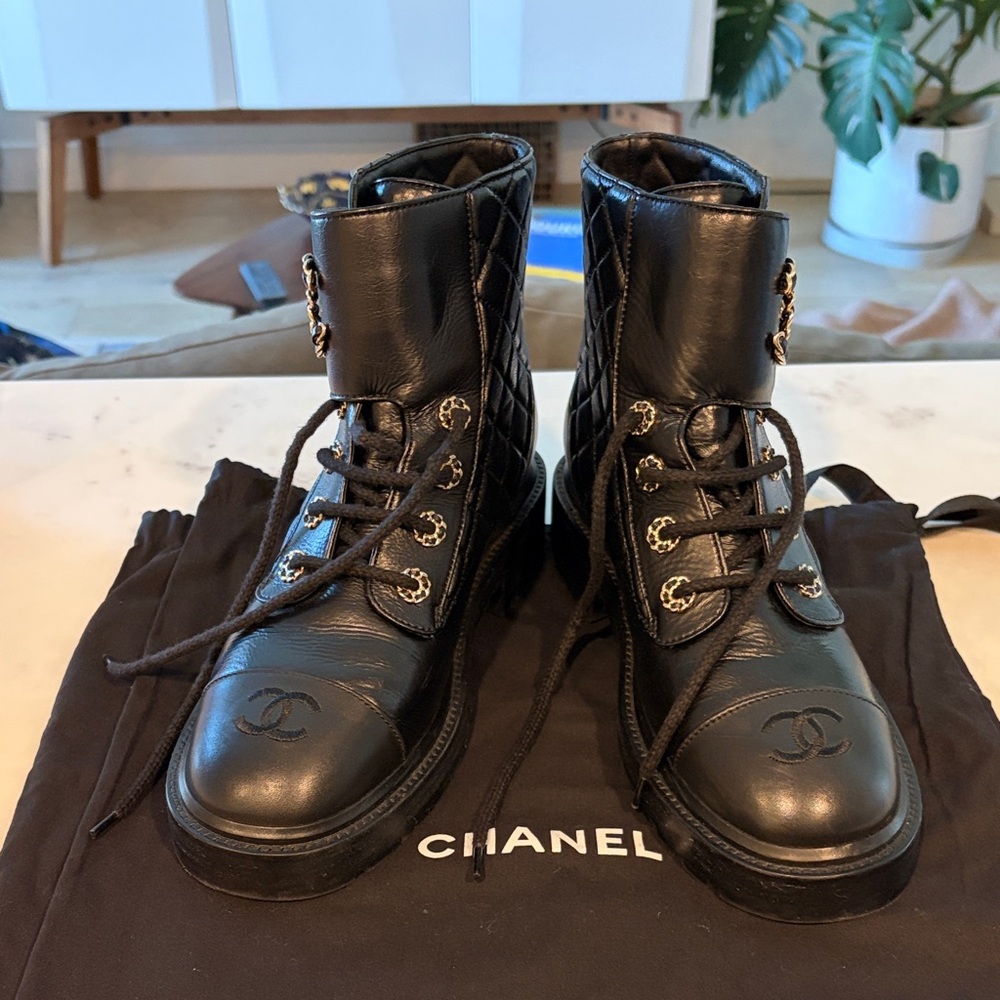 CHANEL Black Quilted Lace-Up Combat Boots with Gold Hardware. Size 39